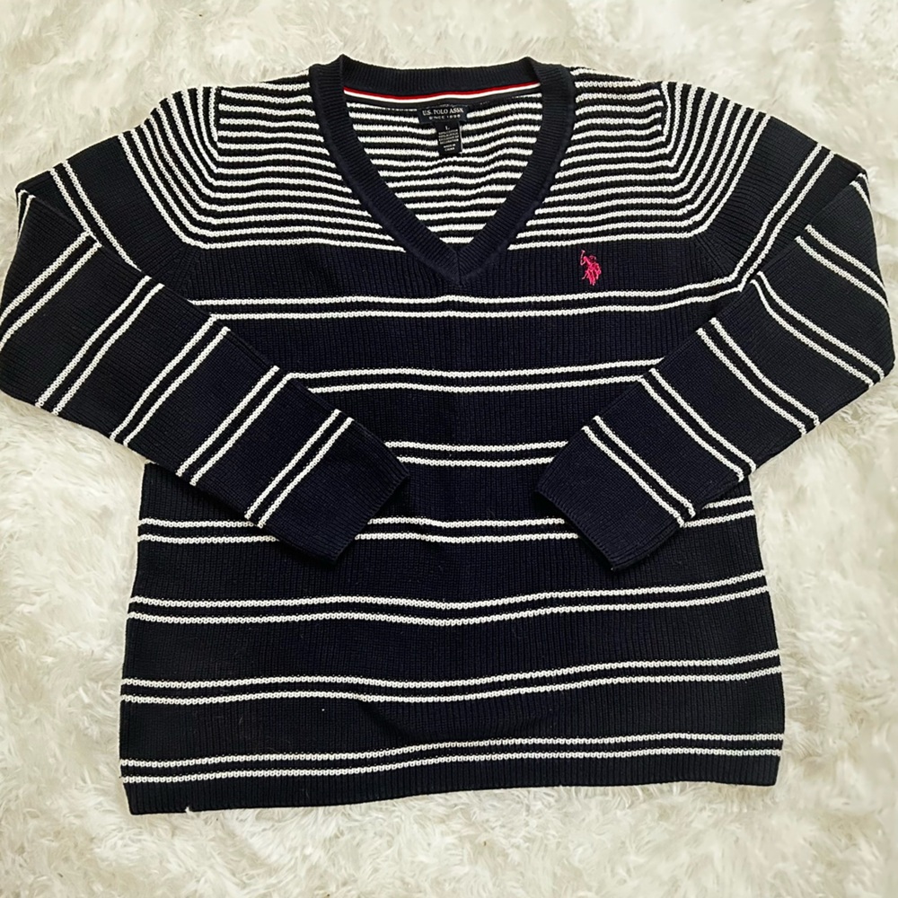 U.S. Polo Assn. Black and White Striped V-Neck Sweater
